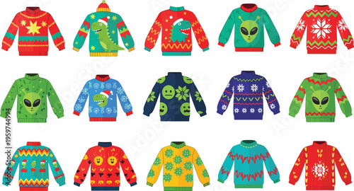Collection of ugly Christmas sweaters with festive patterns flat vector illustration holiday knitwear designs with snowflakes reindeer aliens and ornaments