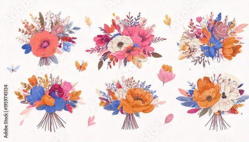 Colorful floral arrangements with butterflies.