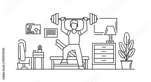 Man lifting dumbbell in bedroom.