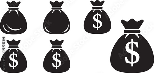 Money bag icon set with dollar symbol, finance wealth savings investment concept, cash bag silhouette vector illustration collection