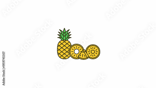 Pineapple Fruit and Sliced Rings Icon on White Background