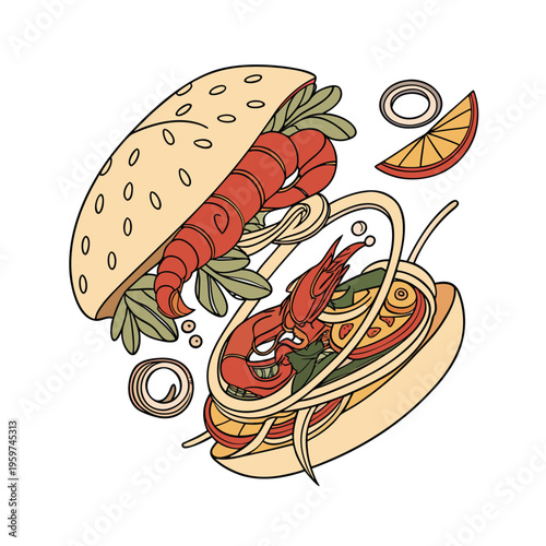 Shrimp burgers, seafood sandwiches, fast food icons, vector illustrations