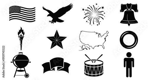 Collection of patriotic American symbols including the flag, eagle, fireworks, Liberty Bell, grill, star, US map, and a silhouette of a person