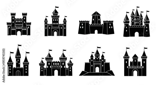 A majestic collection of fantasy castle silhouette icons, ideal for enchanting design projects, fairytale themes, and medieval-inspired graphics, adding a touch of royalty