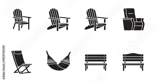 Outdoor and indoor seating icons set, different types of chairs and benches, vector illustration, furniture