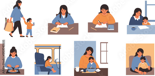 Mother and child daily life activities flat vector illustration set parenting routine scenes cooking learning traveling and caring family moments