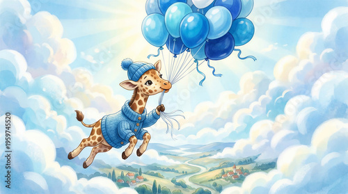 Wallpaper Mural Giraffe flying with blue balloons in sky Torontodigital.ca
