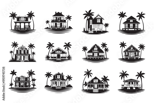 Collection of tropical houses and bungalows on stilts with palm trees island architecture vector illustrations