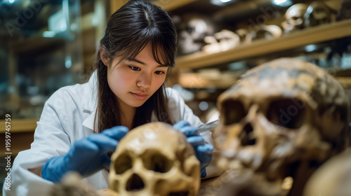 Anthropology graduate student comparing cranial measurements between plaster casts spanning human evolution timeline in natural history museum conservation workshop, perfect for biological developme