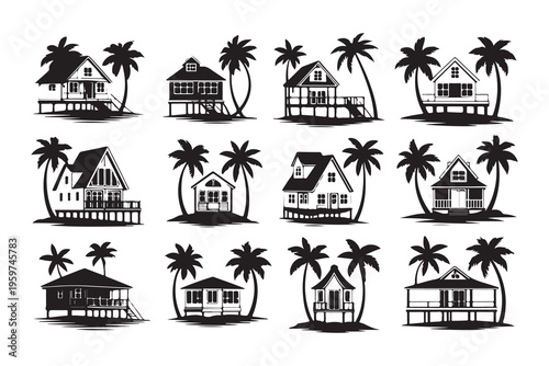Collection of tropical houses and bungalows on stilts with palm trees island architecture vector illustrations