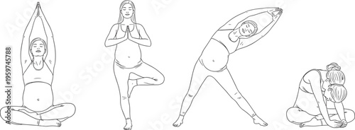 Pregnant woman yoga poses set line art vector maternity fitness meditation prenatal exercise healthy lifestyle illustration collection