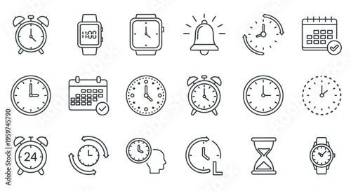 A collection of various clock and calendar icons representing time management, scheduling, and deadlines