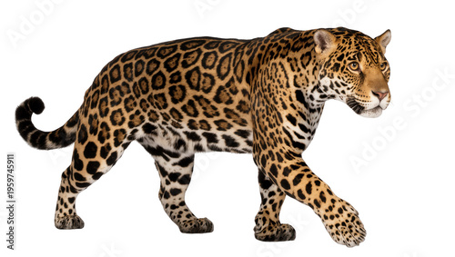 Canvas-taulu Majestic spotted jaguar walking slowly in profile with elegant pose and powerful
