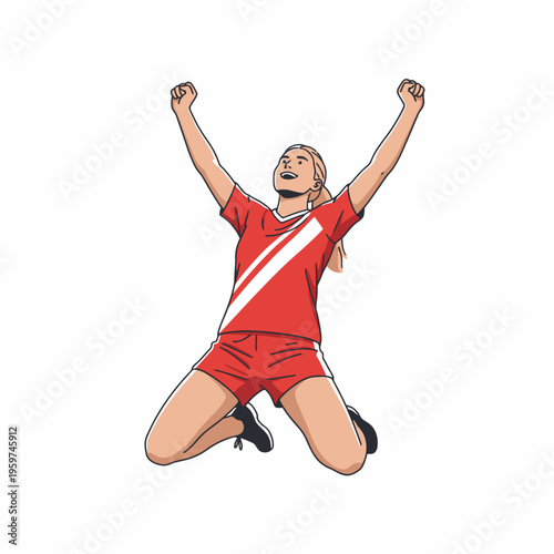 Female soccer player celebrating victory on knees isolated on white