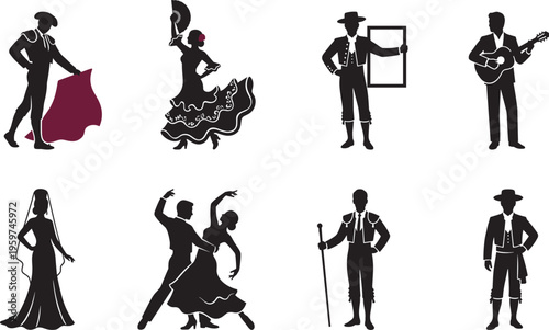 Spanish flamenco dancers silhouettes set with matador guitarist couple and traditional characters, cultural performance collection vector illustration design