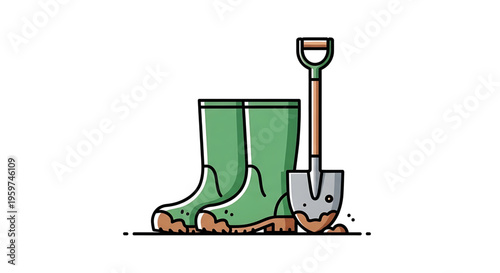 A vector graphic illustration of green rubber boots and a shovel in muddy soil, perfect for gardening and farming designs