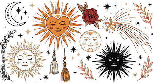 Celestial Sun Moon And Star Collection With Boho Hearts Flowers And Magical Shooting Stars For Mystic Decor Vector.