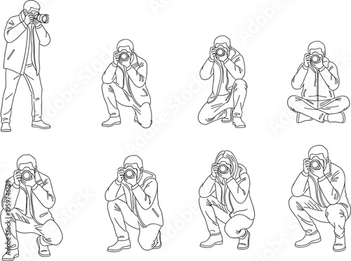 Photographer poses line art set people taking photos camera shooting positions vector illustration photography activity collection design