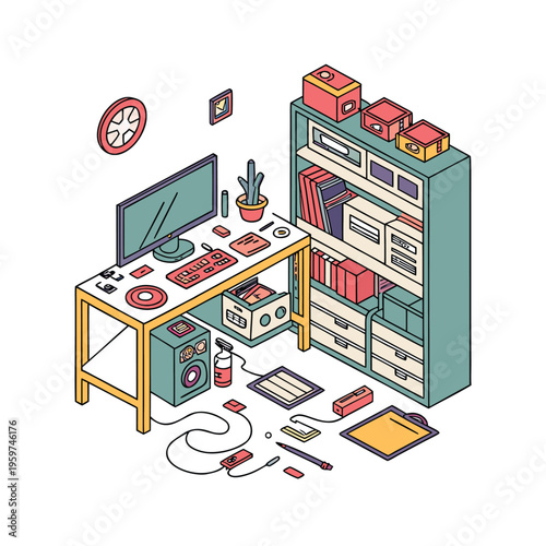 Isometric home office, workspace vector illustration, desk with computer and storage, colorful organized workstation