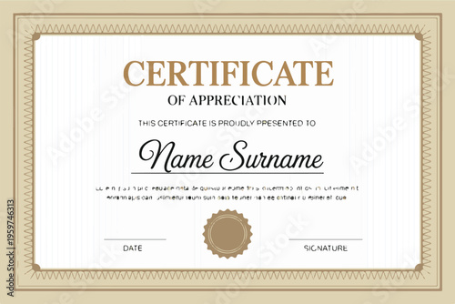 Certificate of appreciation with elegant border and award seal for recognition and achievement