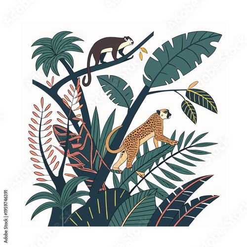Jungle wildlife illustration, tropical plants, exotic animals, vibrant vector art