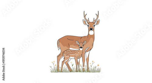 A mother deer and her fawn standing together in a field of grass and wildflowers, a heartwarming illustration of wildlife and nature.