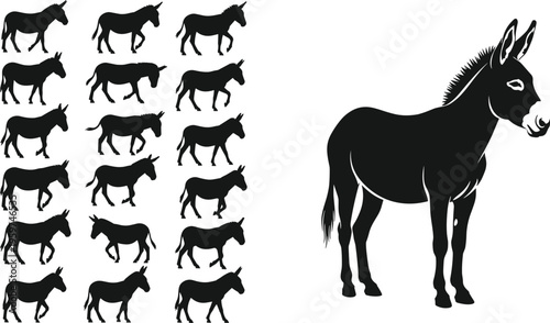 Set of donkey silhouette illustrations in various poses, minimal black farm animal shapes collection with standing and walking donkeys isolated on white background