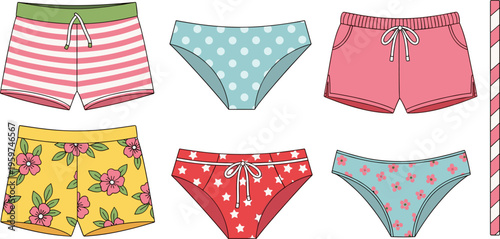 Colorful Summer Swimwear Icon Set with Shorts and Bikini Bottoms in Flat Design Featuring Floral, Striped, and Polka Dot Patterns for Beach Fashion