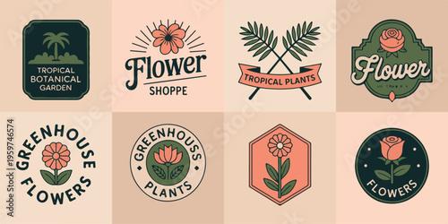 Set of floral logos for tropical botanical garden greenhouse and flower shoppe in vintage retro style
