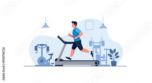 Men Running on Treadmill in Gym for Cardio Endurance Training Vector Illustration