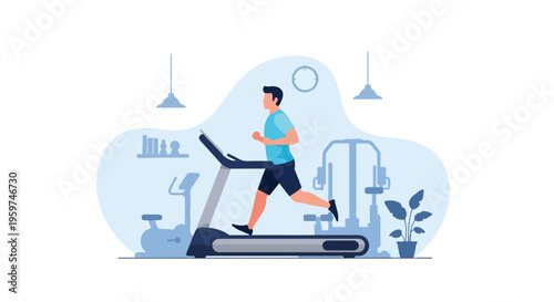 Man Running on Treadmill in Gym for Cardio Endurance Training Vector Illustration