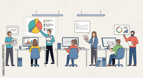 Flat minimalist illustration of company finance department workflow