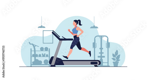 Women Running on Treadmill in Gym for Cardio Endurance Training Vector Illustration