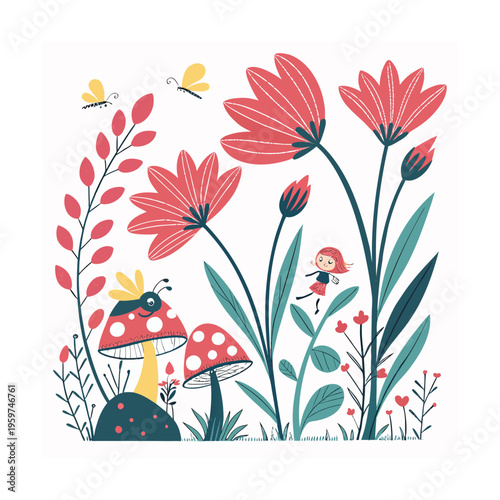 Whimsical garden, colorful flowers, mushroom house, fairy illustration, floral fantasy
