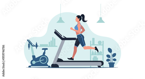 Woman Running on Treadmill in Gym for Cardio Endurance Training Vector Illustration