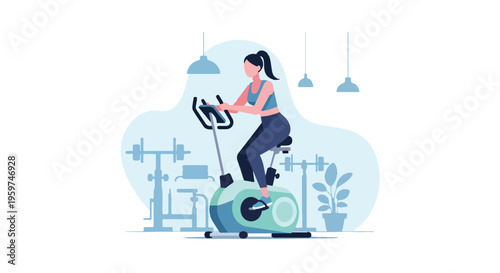 Girl Riding Upright Stationary Bike in Gym for Leg Workout and Endurance Training