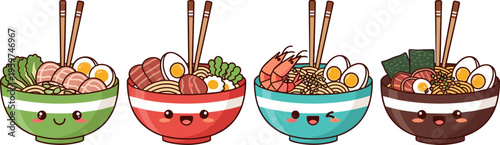 Cute Ramen Bowl Icon Set with Kawaii Asian Noodle Dishes Featuring Eggs, Meat, Shrimp, and Seaweed in Colorful Flat Cartoon Style