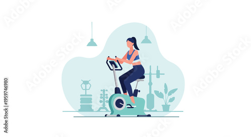 Female Riding Upright Stationary Bike in Gym for Leg Workout and Endurance Training