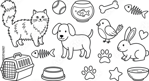 Charming black and white line art coloring page of two kittens playing with yarn and butterfly vector,