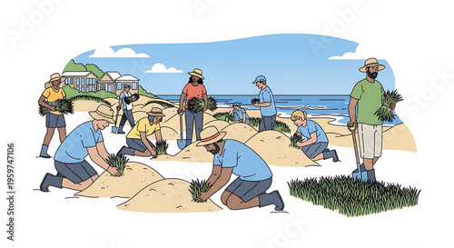 A group of people planting grass on a beach in a vector graphic illustration