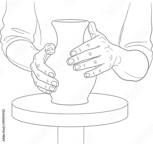 Person skillfully shaping a ceramic vase on a potter's wheel with hands