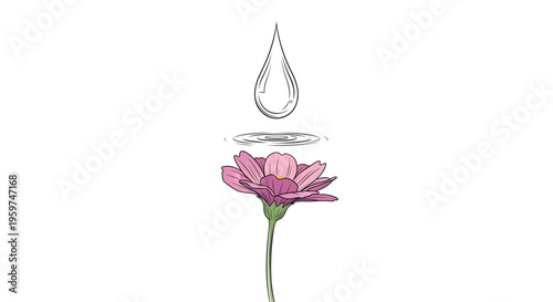 A minimalist vector illustration of a pink flower with a water droplet above it, symbolizing growth and harmony.