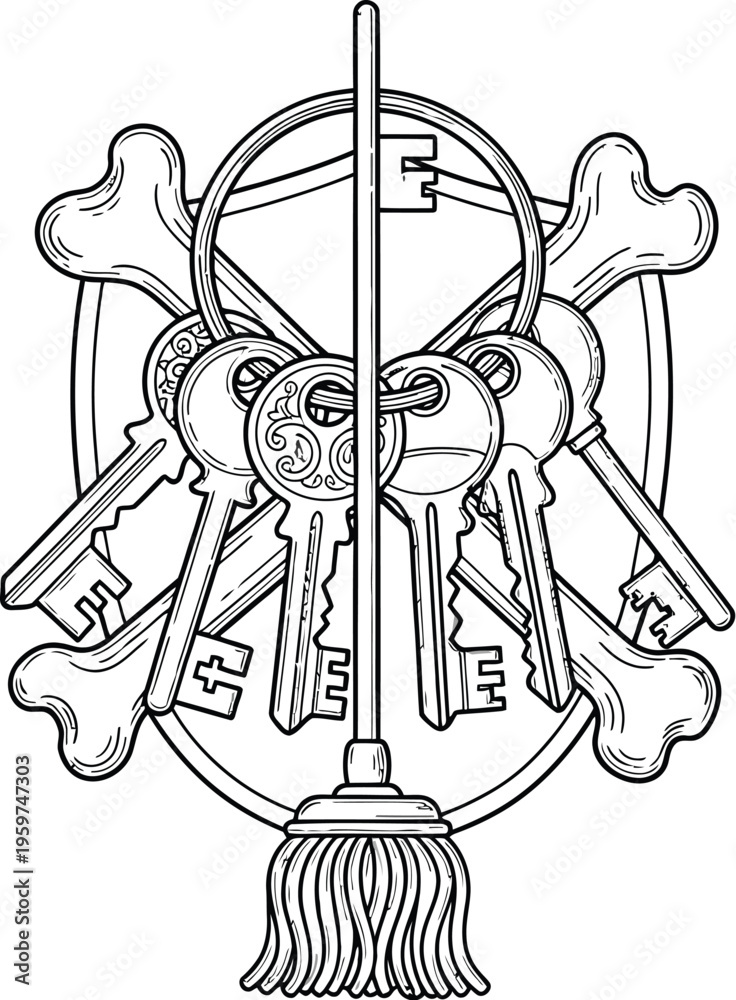 Naklejka premium Broom and bones with decorative keys forming a mystical emblem design