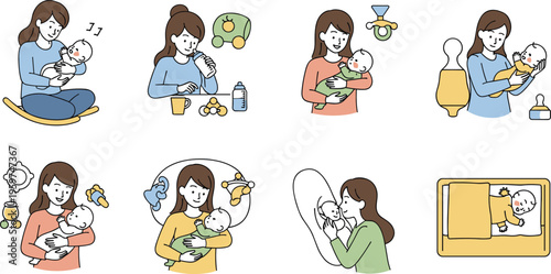 Mother caring for newborn baby daily activities flat vector illustration breastfeeding bathing sleeping and feeding routine parenting set