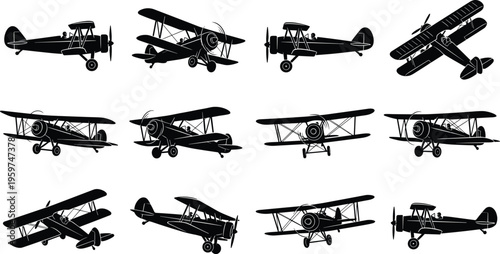 Vintage biplane silhouettes, classic aviation aircraft, black airplane icons, historical aviation design, dual wing propeller planes, early twentieth century pilot illustrations