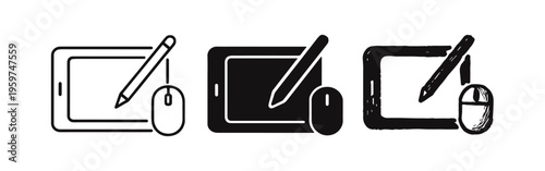 Digital Drawing and Design Tools Icon Set. Graphic Tablet, Stylus Pen, and Computer Mouse Symbols in Different Styles.