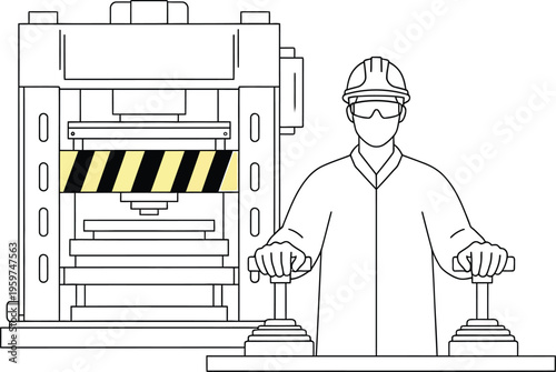 Worker in protective gear operating a large industrial press machine safely