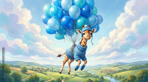 Wallpaper Mural Baby giraffe flying with blue balloons over landscape Torontodigital.ca