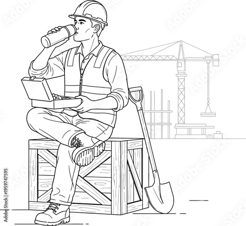 Construction worker taking a break with laptop and water bottle outdoors