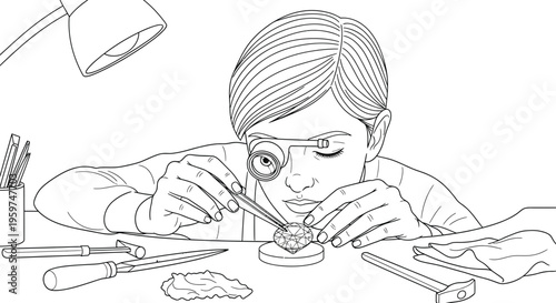 Woman carefully examines and works on a heart shaped diamond